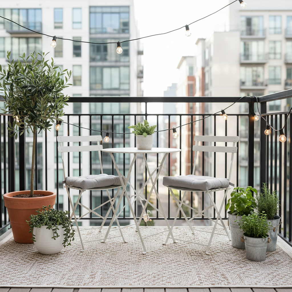 Small apartment balcony styled with compact seating, outdoor rug, and plants