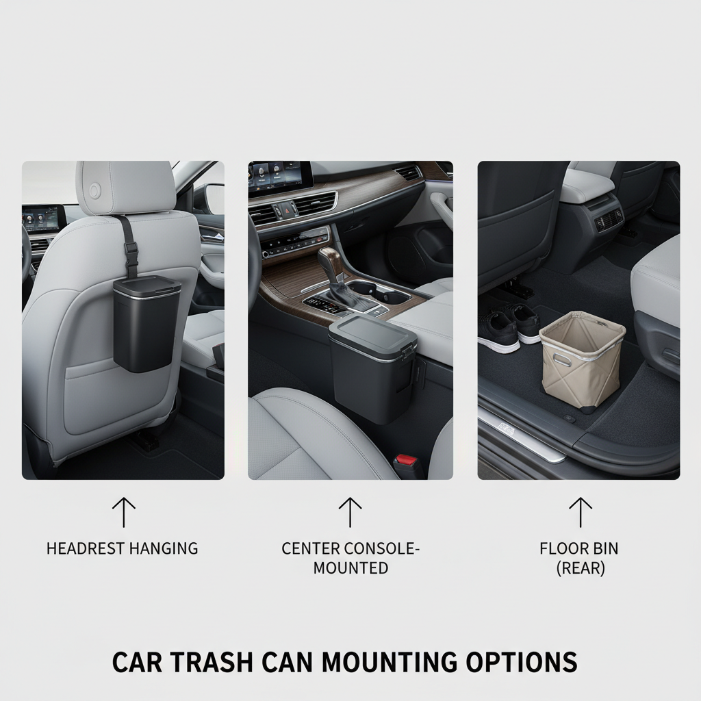 Comparison of car trash can mounting options for back seat: headrest, console, floor bin