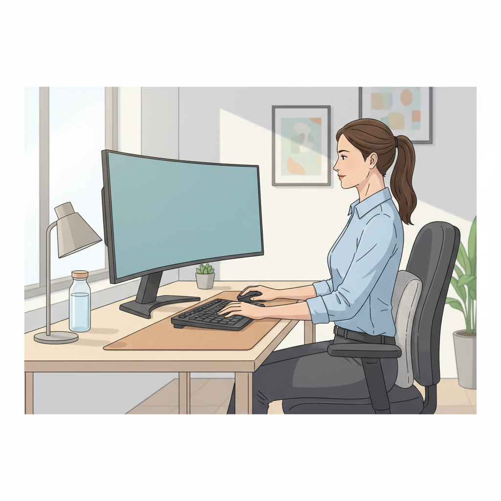 Ergonomic office setup showing correct lumbar pillow height and neutral posture