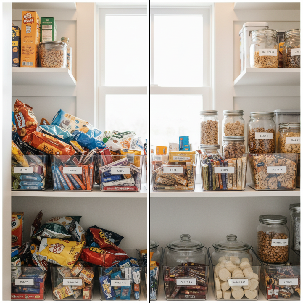 Pantry before and after snack organization showing clutter versus labeled bins