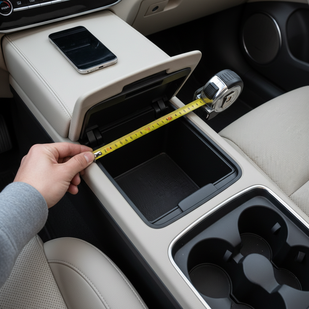 Measuring a car armrest storage compartment to choose the right organizer size