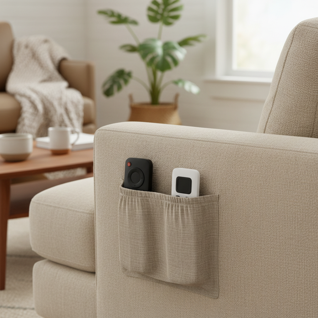 Sofa armrest organizer holding TV and streaming remotes to prevent losing them in couch cushions