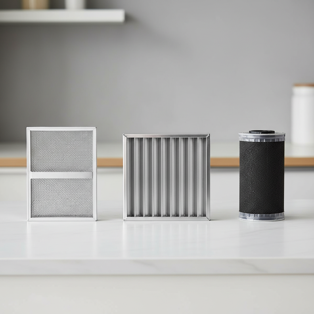 Range hood filter types: aluminum mesh, baffle, and charcoal filter comparison