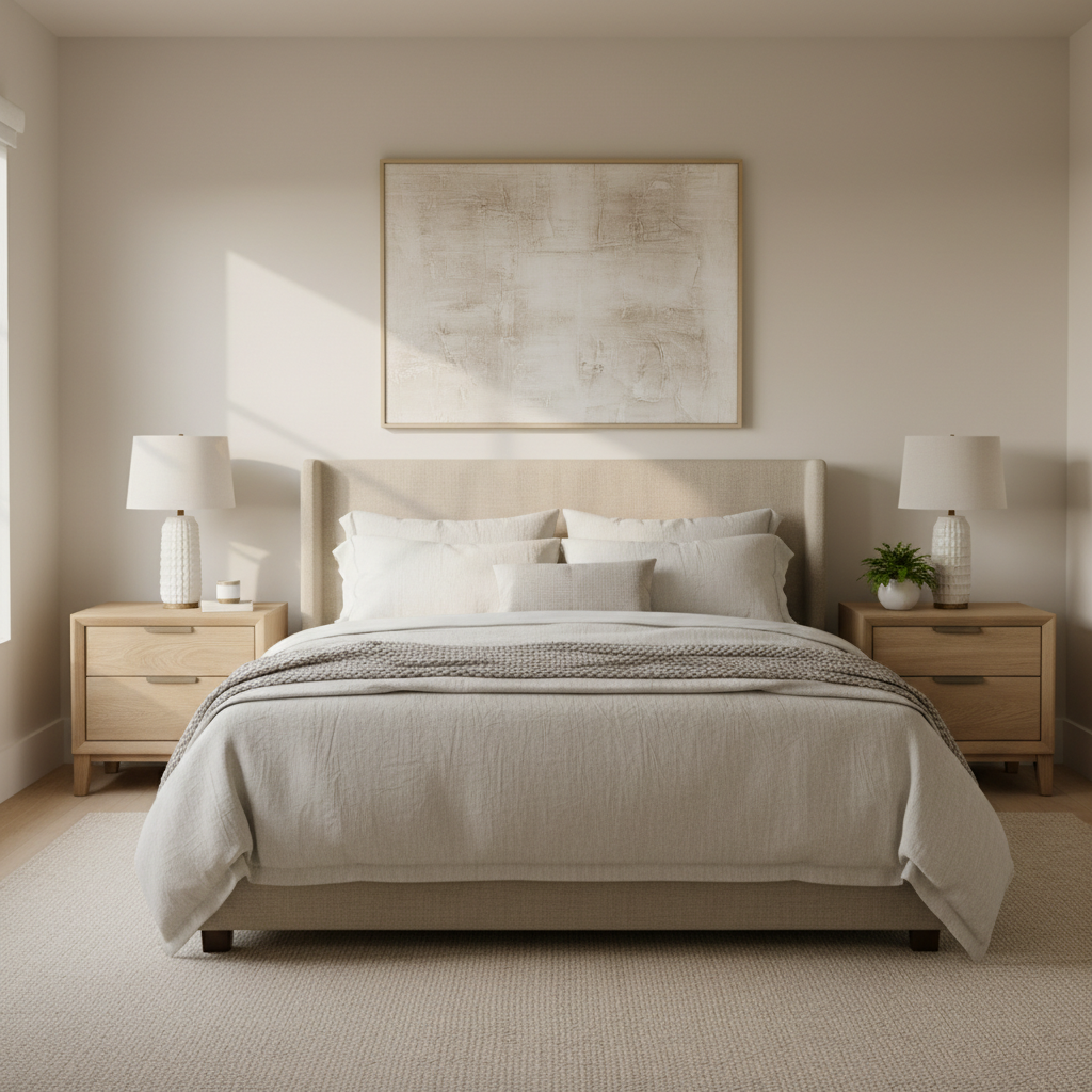 Calm minimalist bedroom with warm neutral palette and natural textures