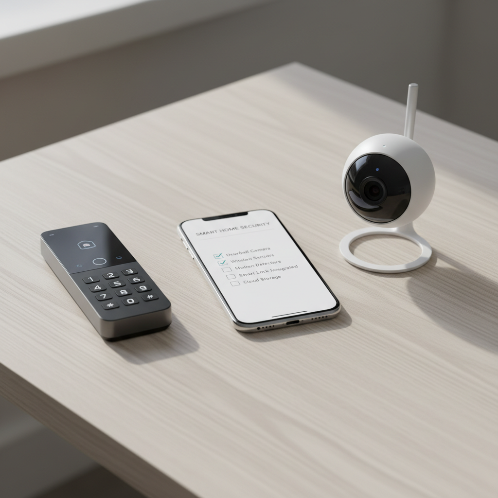 Smart home security checklist on a phone next to smart lock and camera