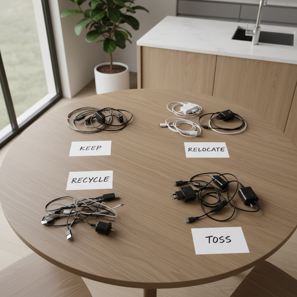 Sorting USB cables and phone chargers into keep recycle and relocate piles