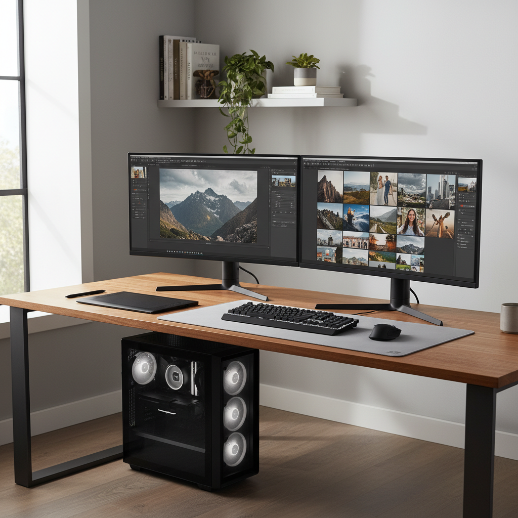 Photo editing PC workspace with dual monitors and Adobe-style editing interface