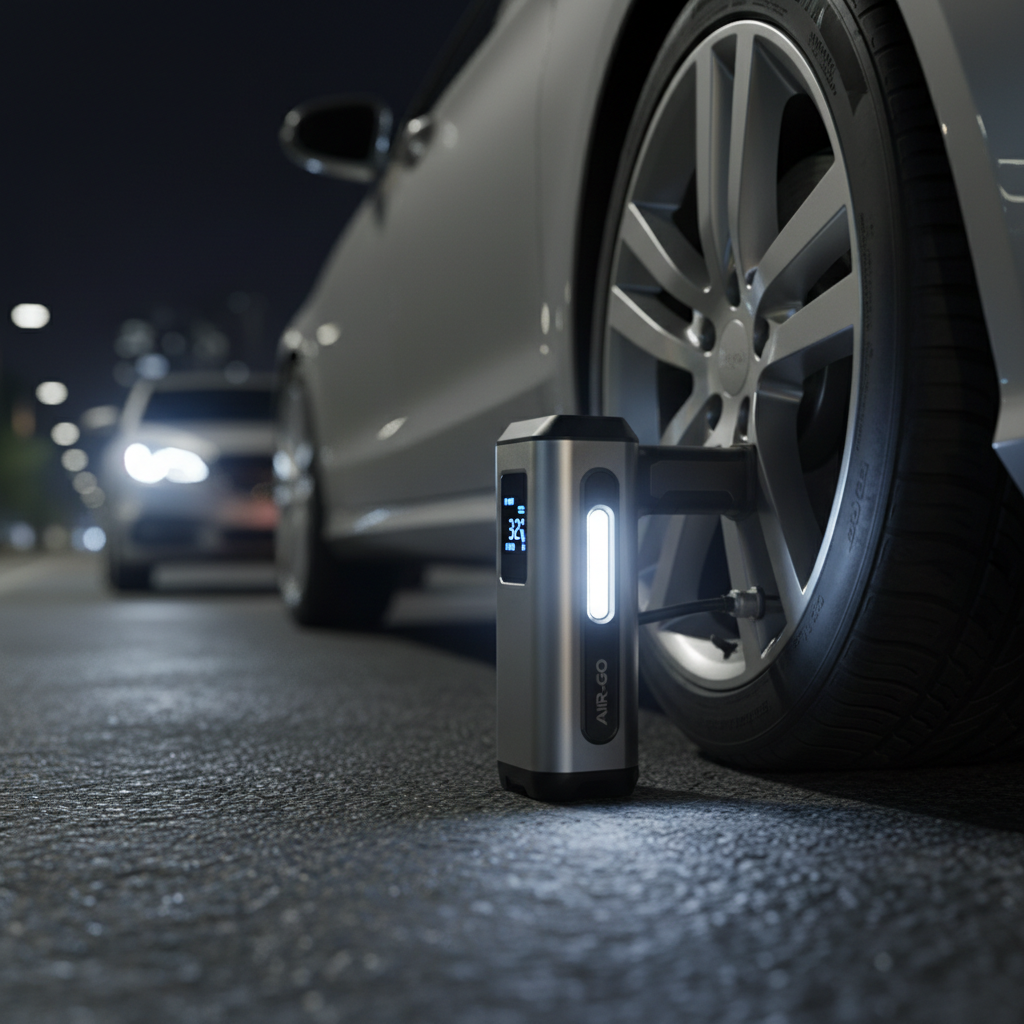 Cordless car tire inflator being used on a sedan tire at night