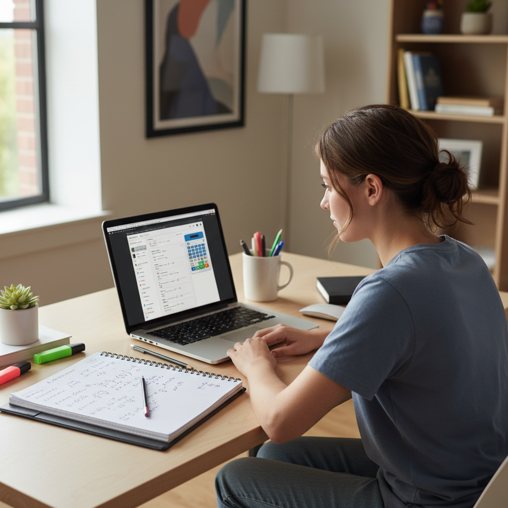 Student using a laptop with online calculator and physics notes