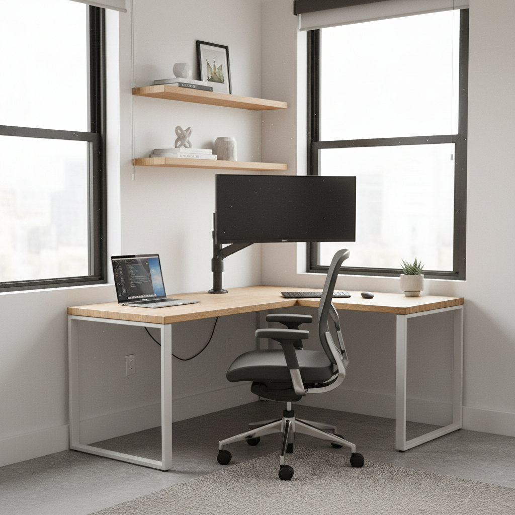 Small space home office with a corner desk in an apartment corner