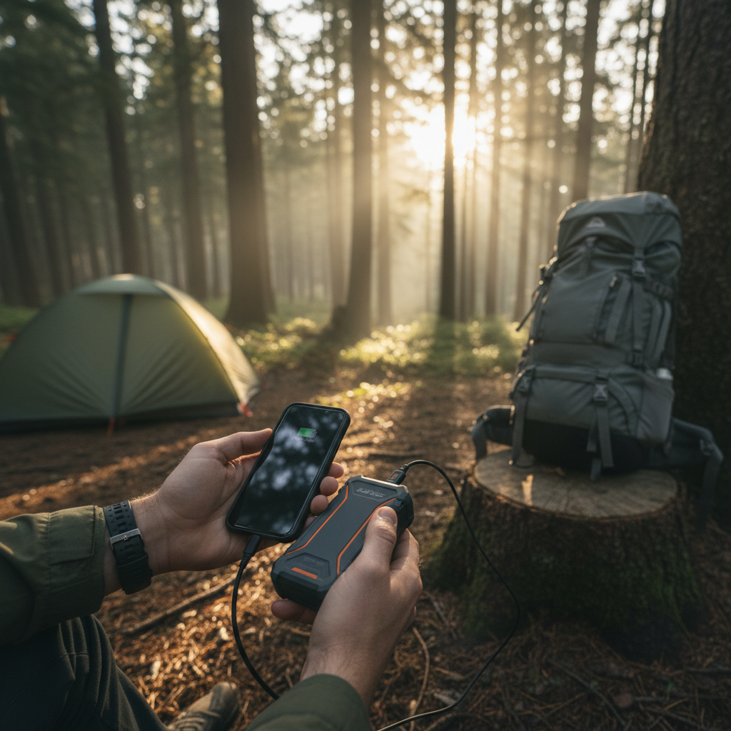 Hiker charging a phone from a rugged portable power bank at a campsite