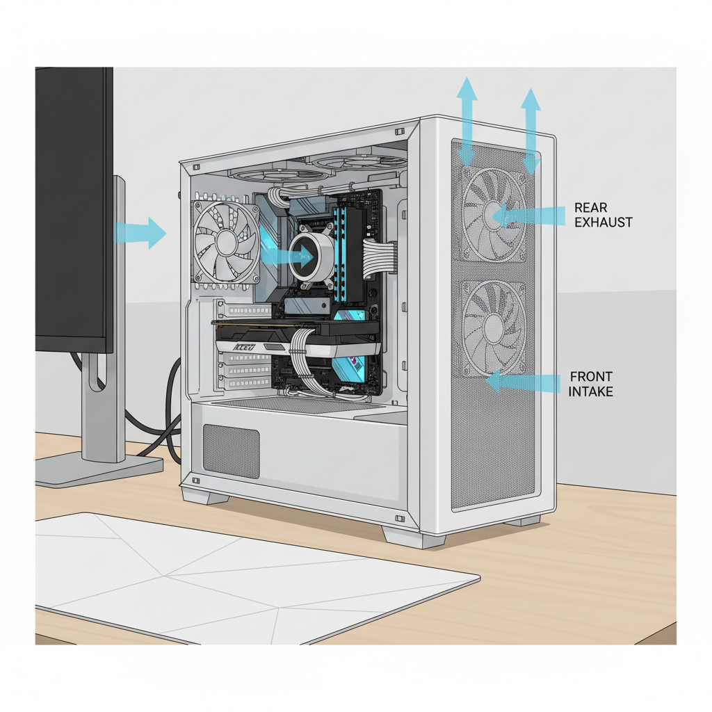 Clean PC airflow setup with dust filters and proper intake/exhaust placement