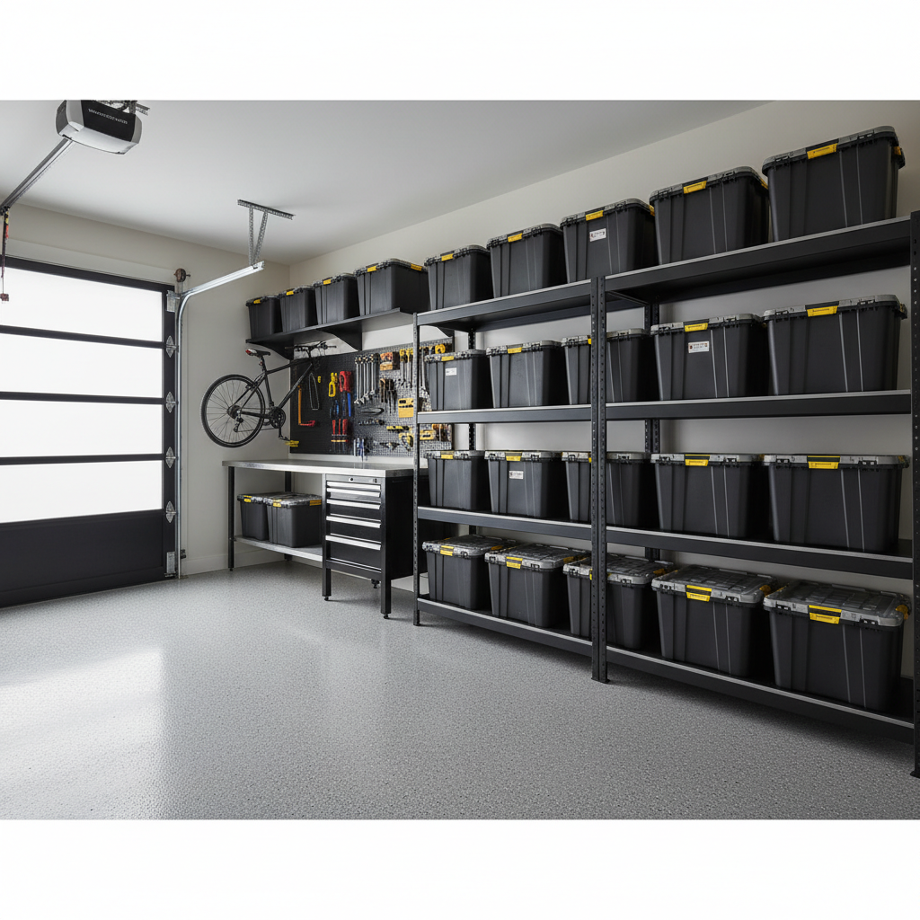 Heavy-duty latching storage totes stacked safely on garage shelving