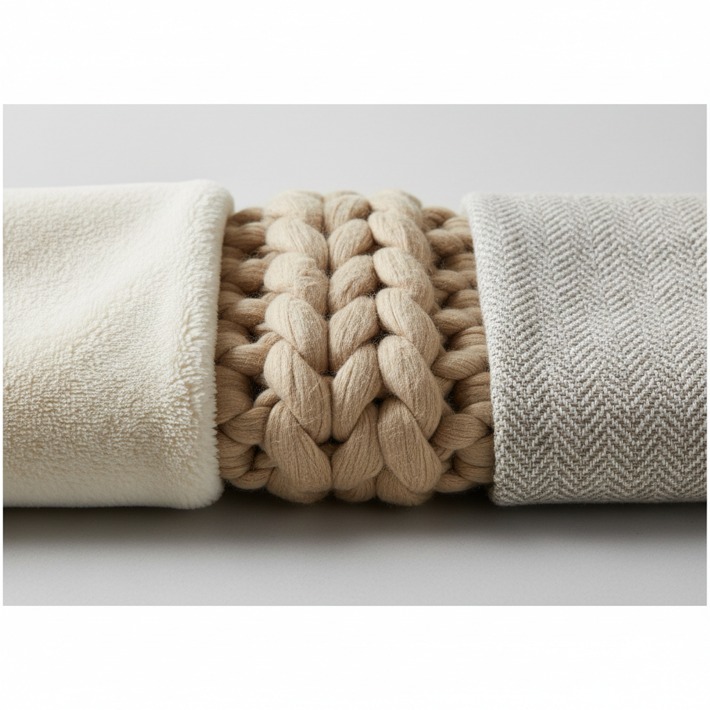 Close-up of throw blanket fabrics showing texture differences like fleece, knit, and woven cotton