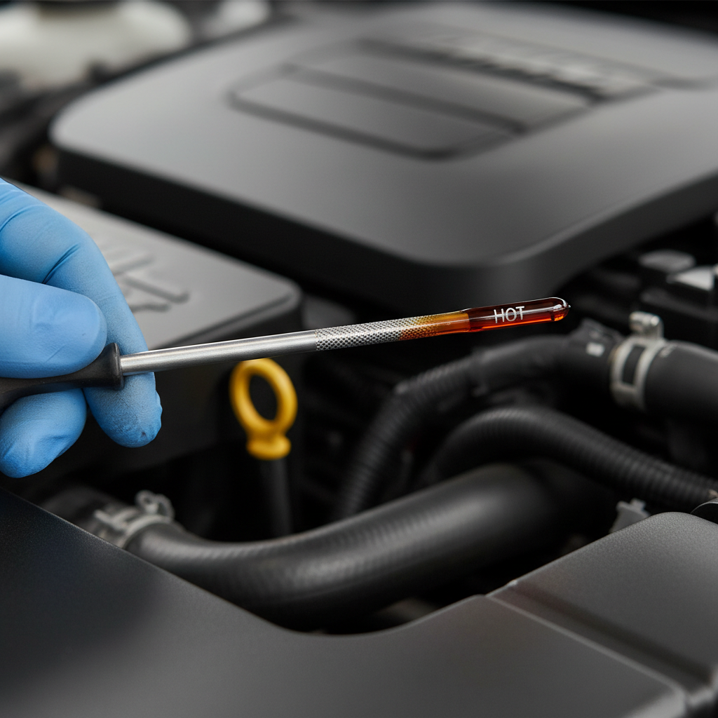 Close-up of transmission dipstick showing hot range marks and fluid line