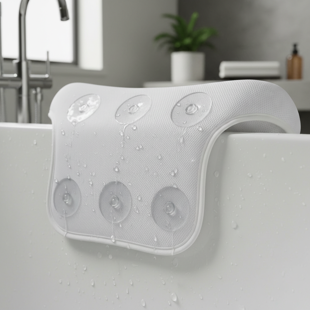 Close-up of suction cups on a bath pillow sticking to a clean smooth tub surface