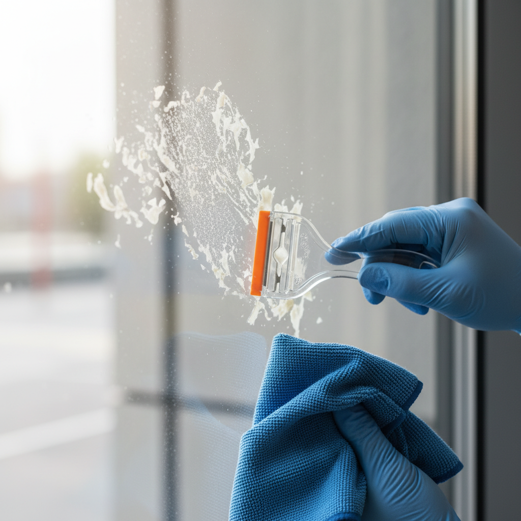 Sticky label residue on a glass window being cleaned with a plastic scraper and microfiber cloth