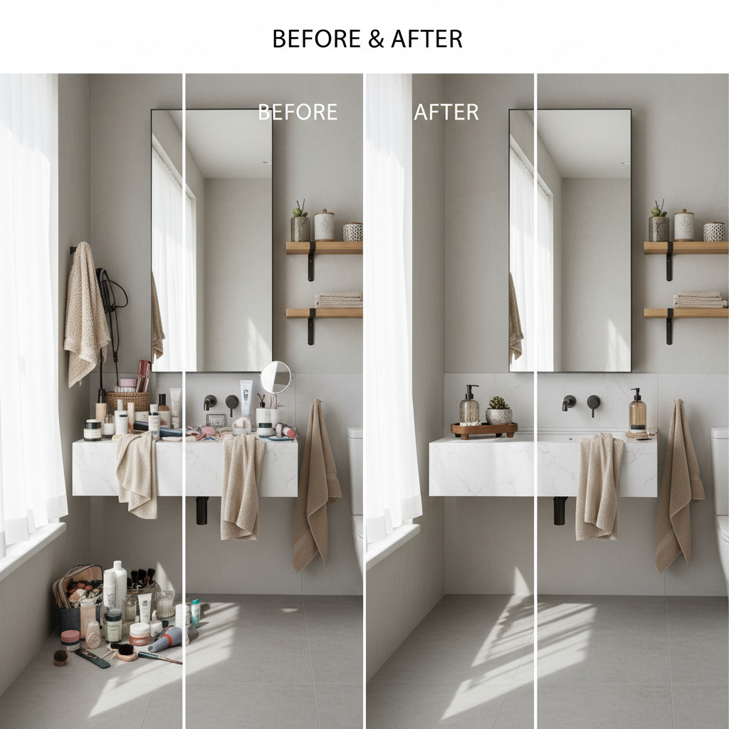 Small bathroom counter clutter before and after organizing with trays and wall storage
