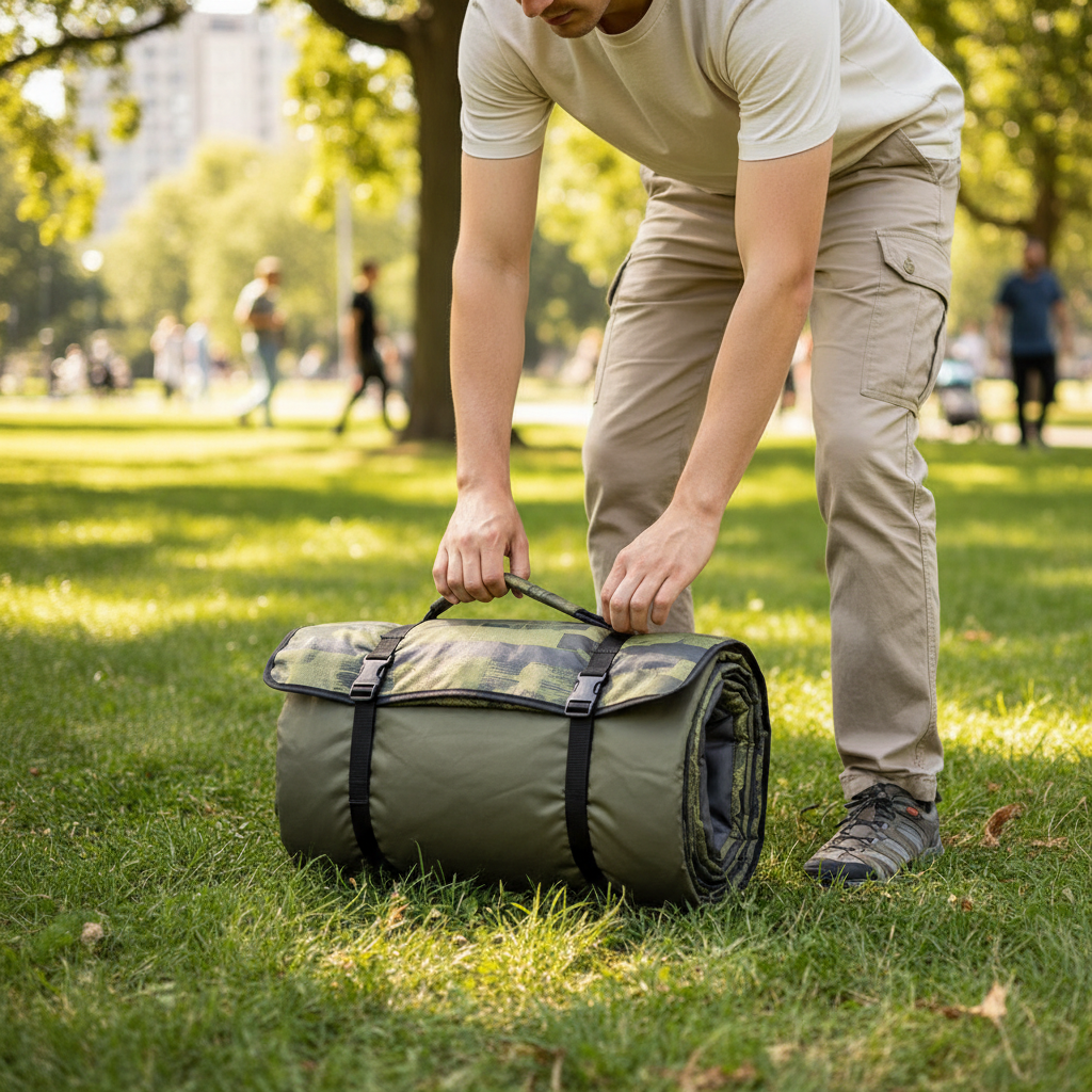 Picnic blanket folding and carrying with handle for outdoor use