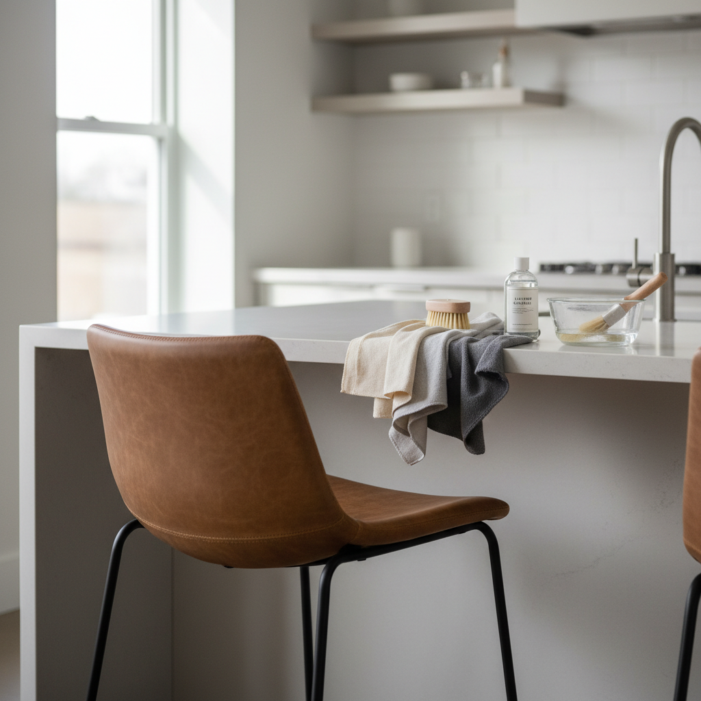 Leather dining chair cleaning setup with microfiber cloths and gentle leather cleaner