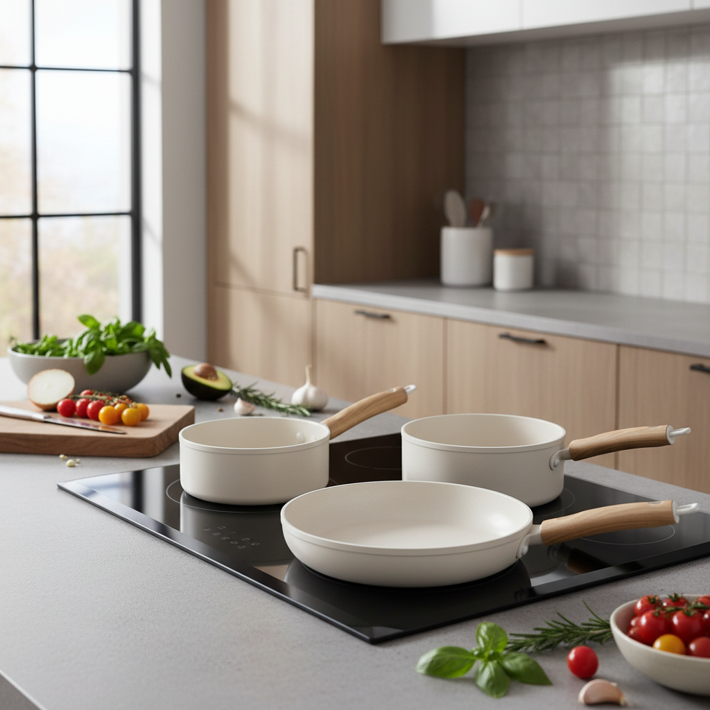 Ceramic cookware set on a modern kitchen stove with ingredient prep