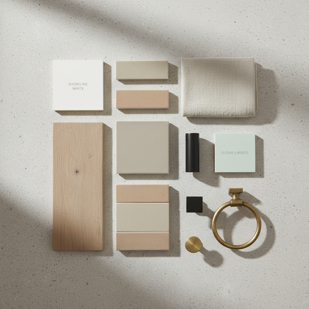 Neutral coastal bathroom color palette with warm white, sand, driftwood, and soft sea glass accents