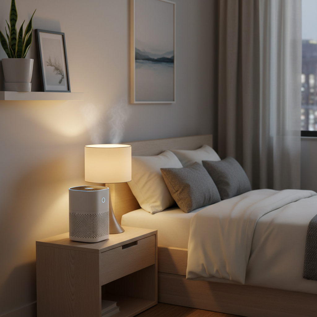 Air purifier running in a small bedroom at night with low noise setting