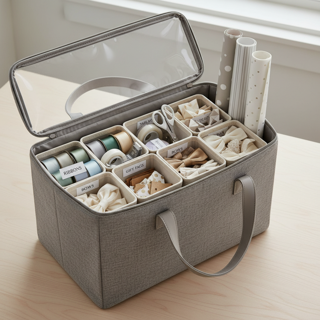 Gift wrapping accessories organized in small labeled containers inside a larger tote