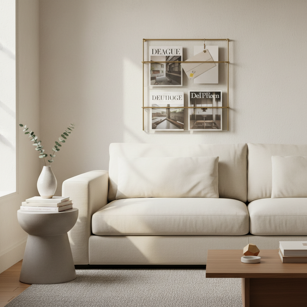 Wall mounted magazine rack in a modern living room above a sofa
