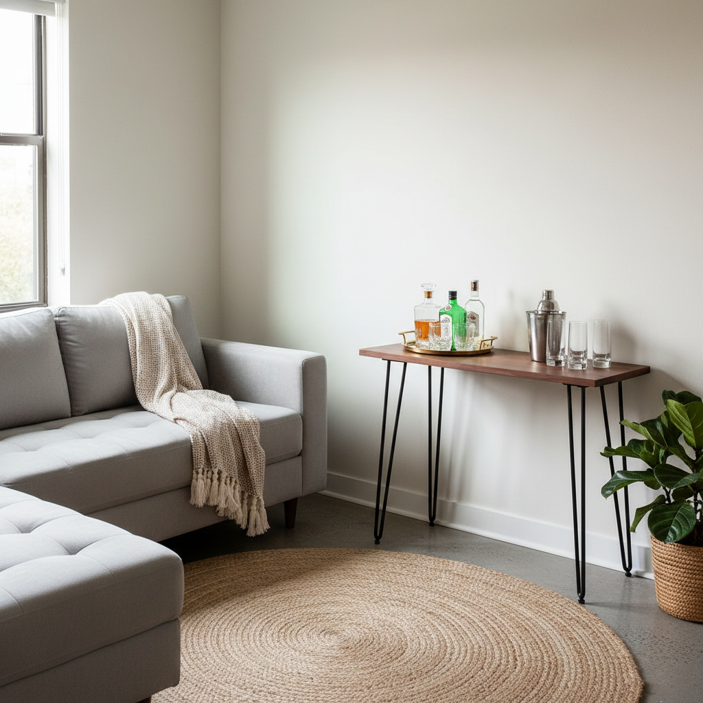 Small space apartment home bar setup on a slim console table