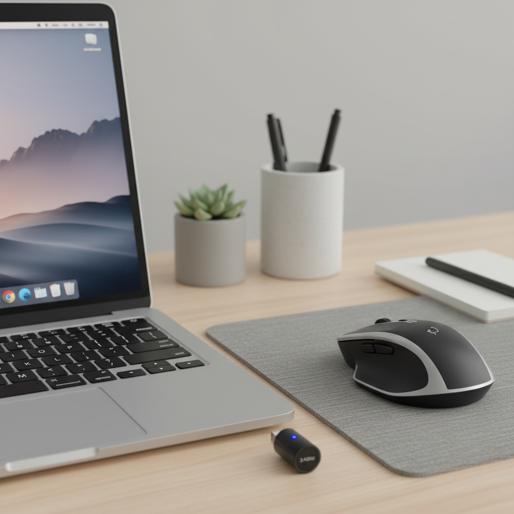 Wireless mouse receiver plugged into a laptop in an office setting