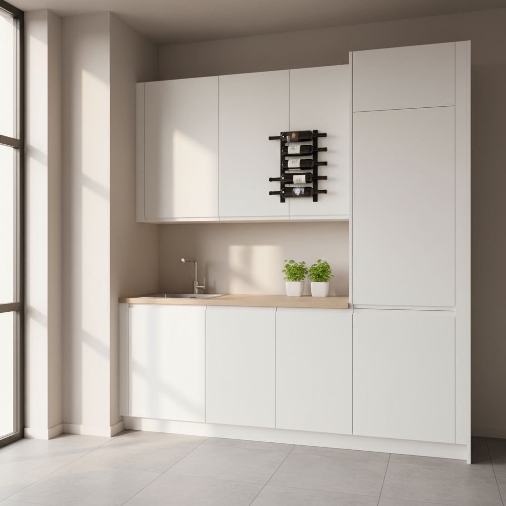 Small kitchen wall mounted wine rack above counter for space saving storage