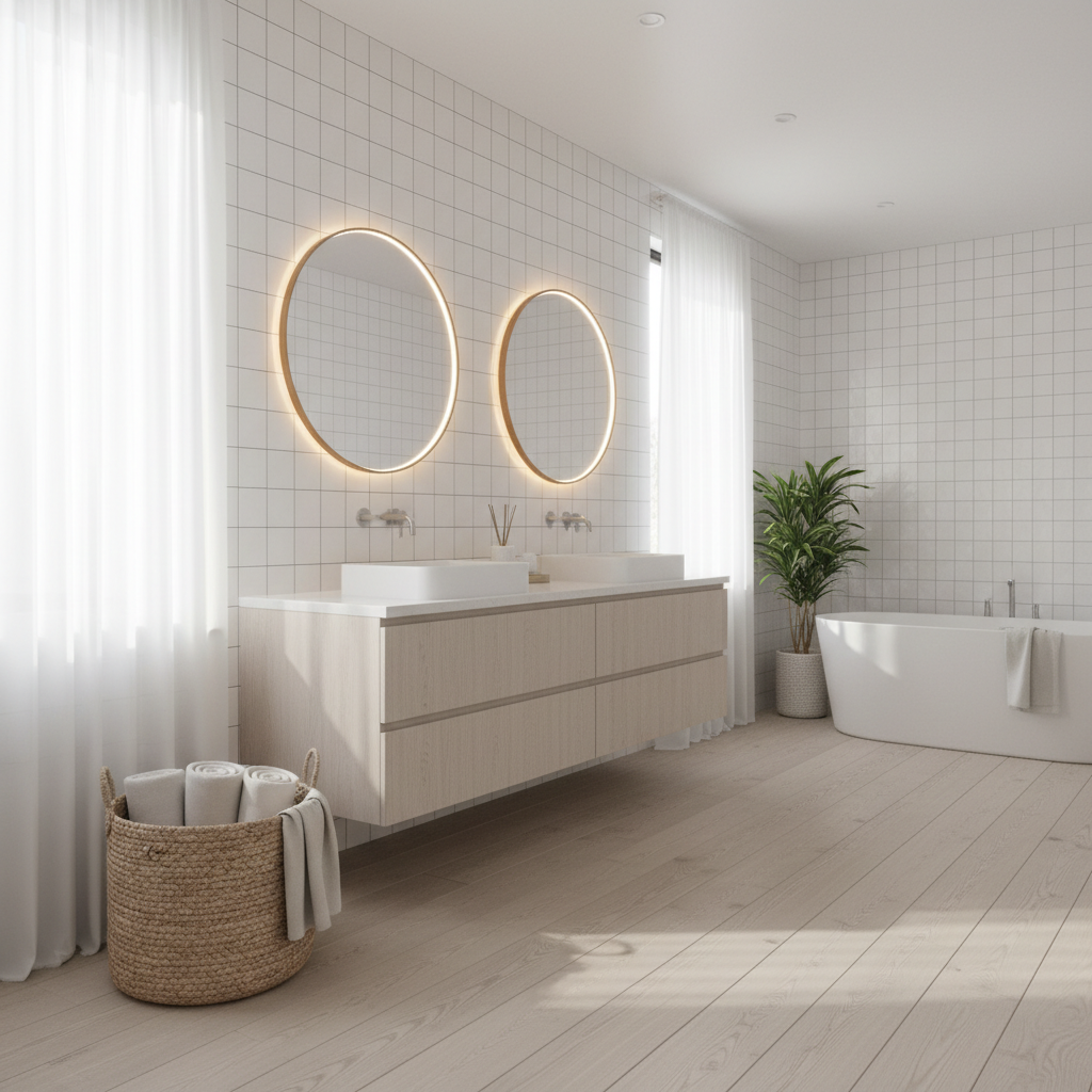 Woven baskets used for laundry and towels in a bright bathroom