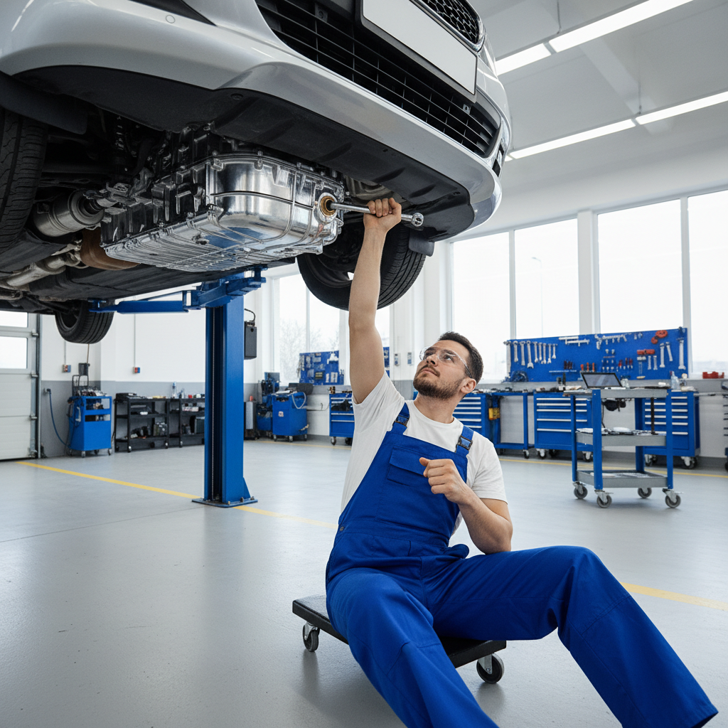 Mechanic checking sealed transmission fluid level from under a lifted vehicle