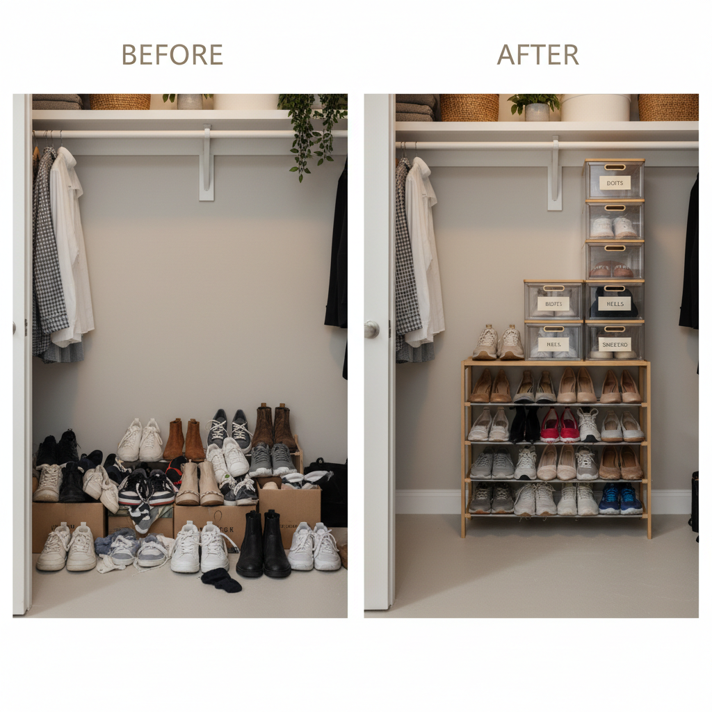 Small closet shoe organization before and after with neat rows and labeled zones