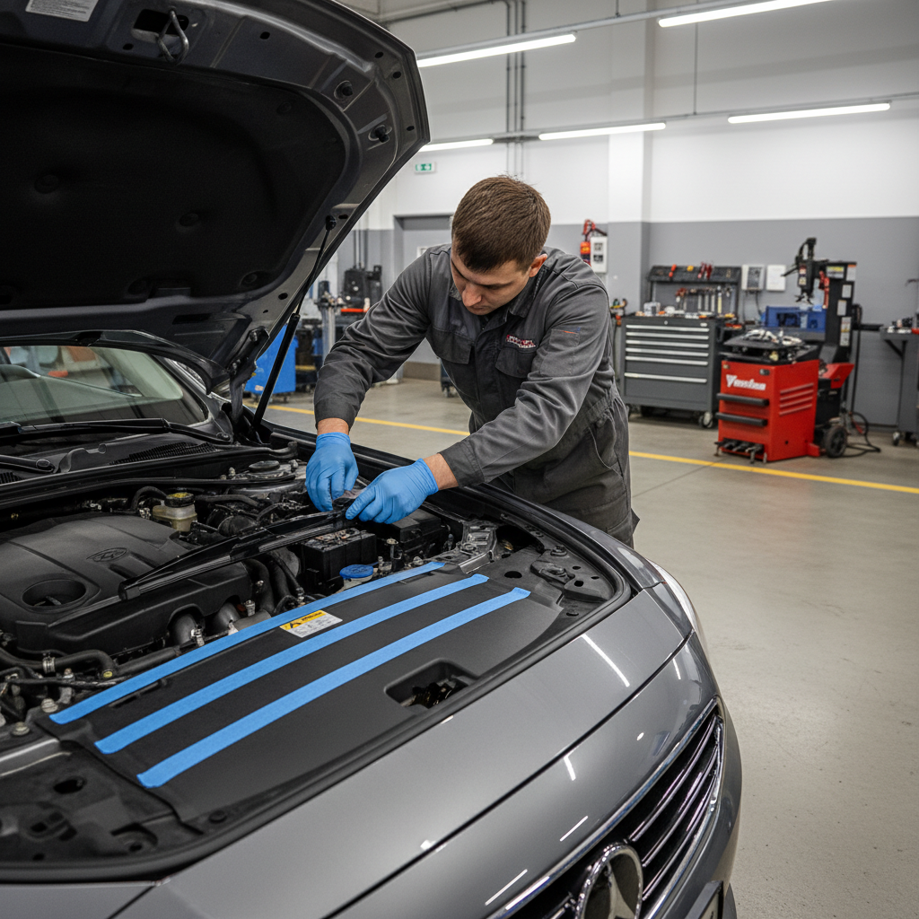 Technician aligning windshield wiper arms using tape marks after motor replacement