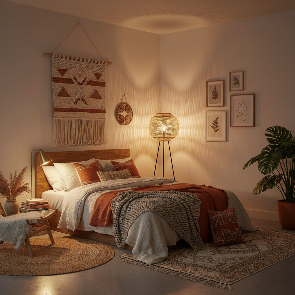 Warm layered lighting in a boho bedroom with bedside lamp and soft textiles