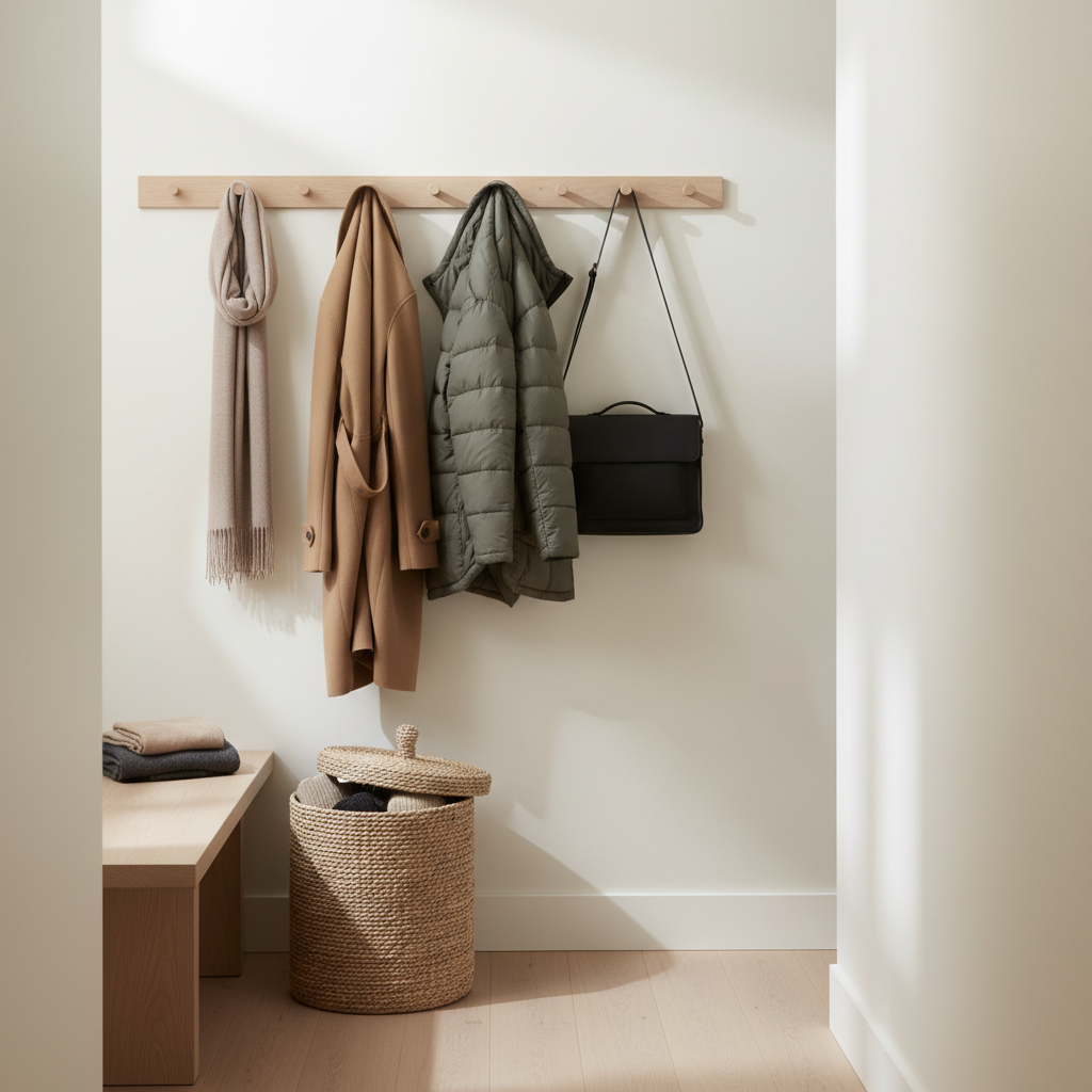 Narrow entry bench with peg rail and storage basket in a small hallway