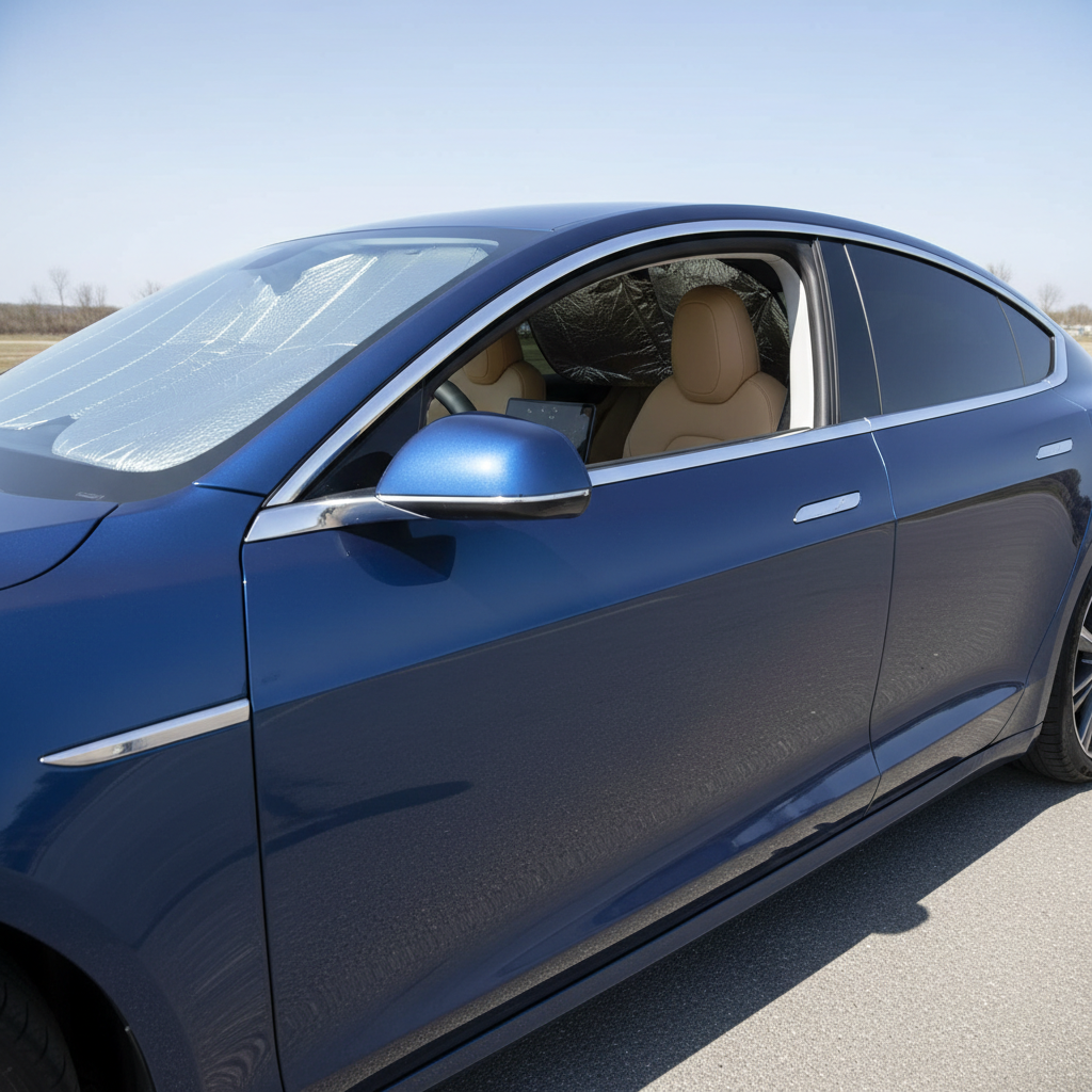 Windshield sunshade protecting dashboard plastic from UV damage