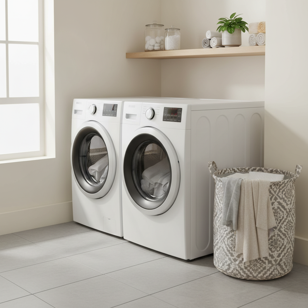 Collapsible laundry basket used in a small laundry nook next to a washer and dryer