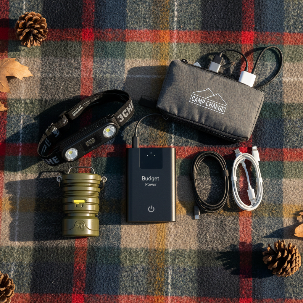 Organized camping charging kit with power bank cables and headlamp on a blanket