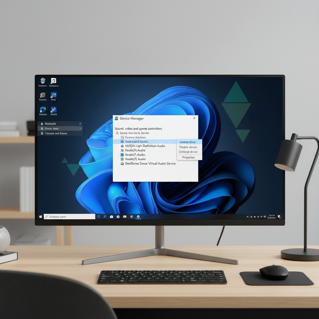 Device Manager showing audio driver options for updating microphone drivers