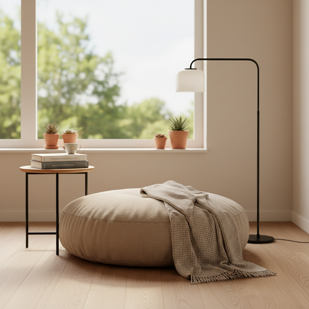 Small space reading corner with floor cushion by a window