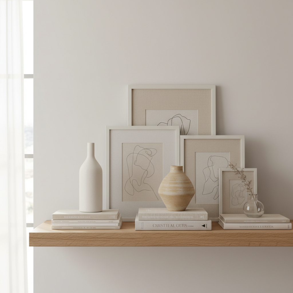 Shelf styling layout showing vase height balance with books and frames