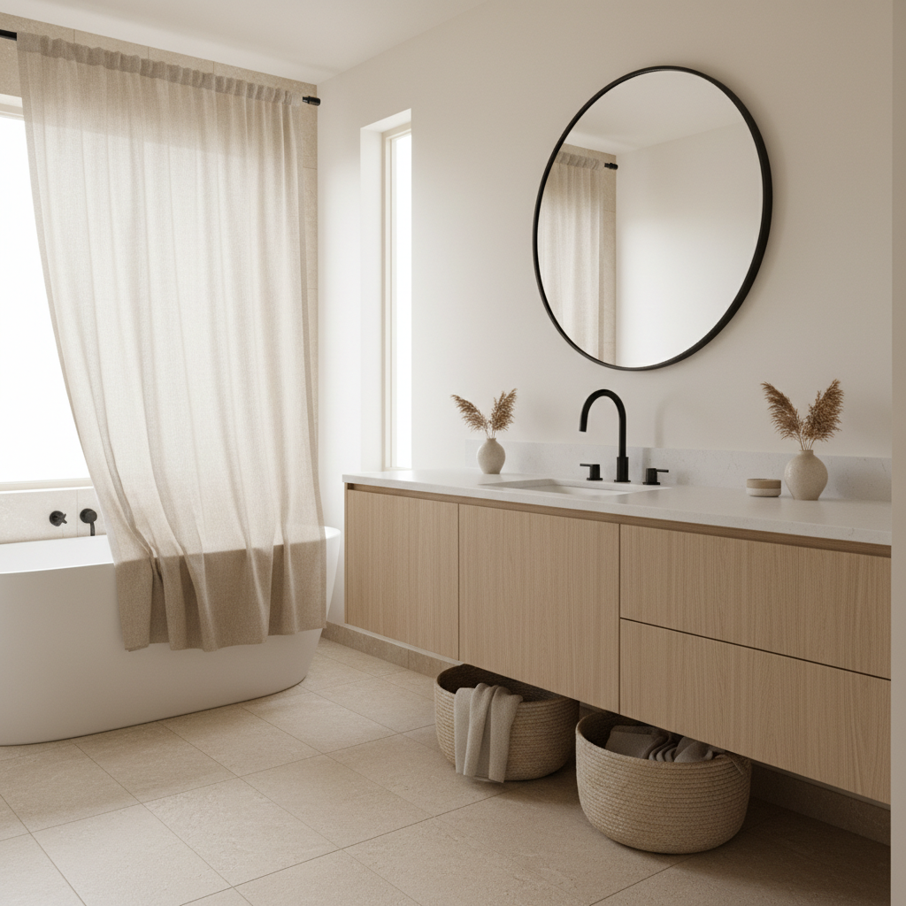 Neutral coastal bathroom with sand and white palette, light wood vanity, and natural textures