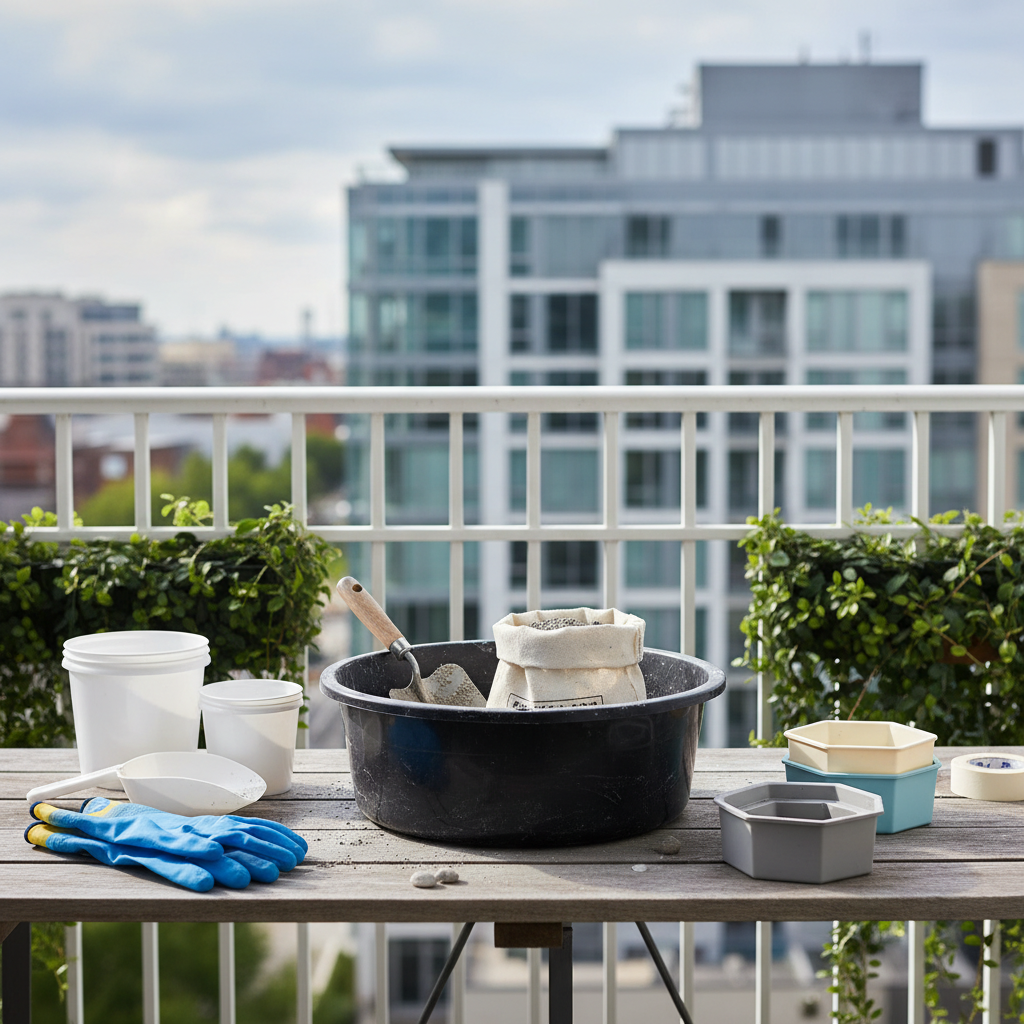 DIY concrete planter molds and tools laid out on a balcony work table