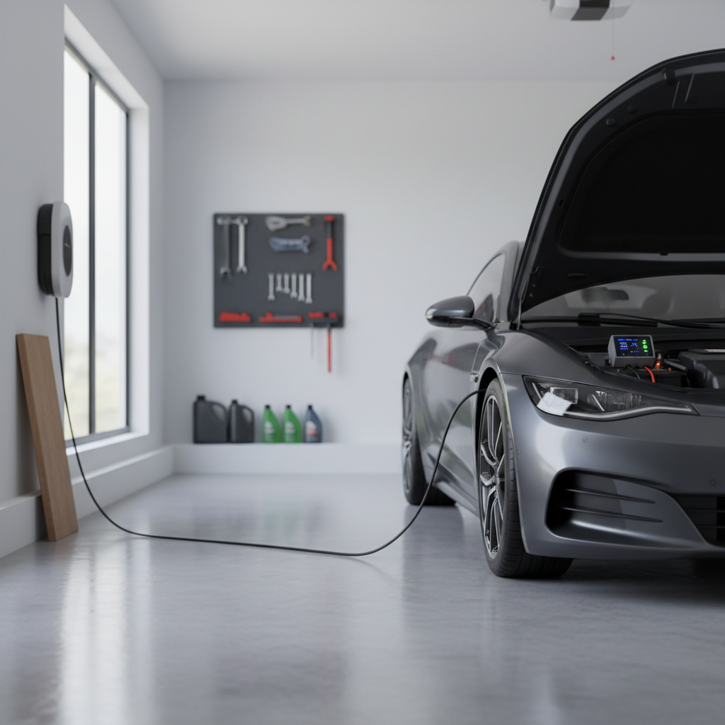 Car battery maintainer connected for long term storage in a garage