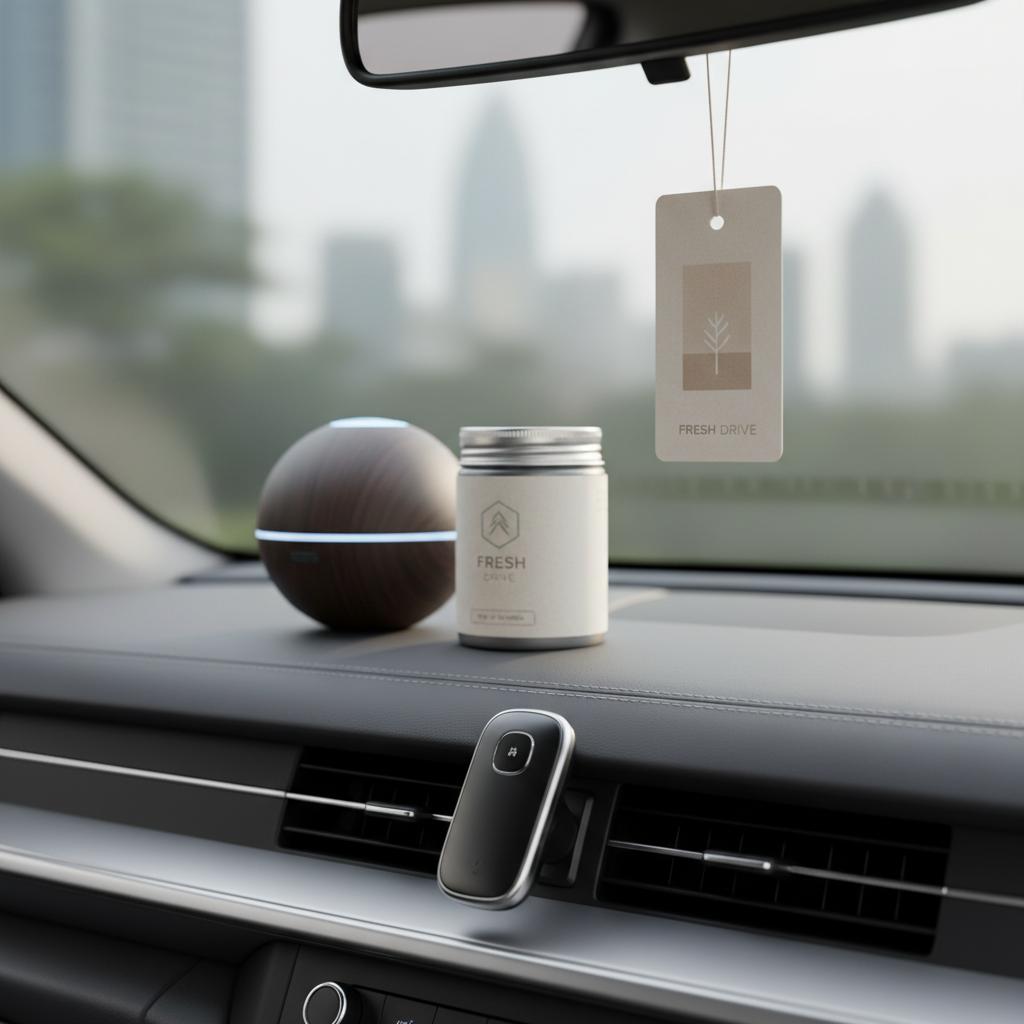 Different types of car air fresheners compared on a dashboard