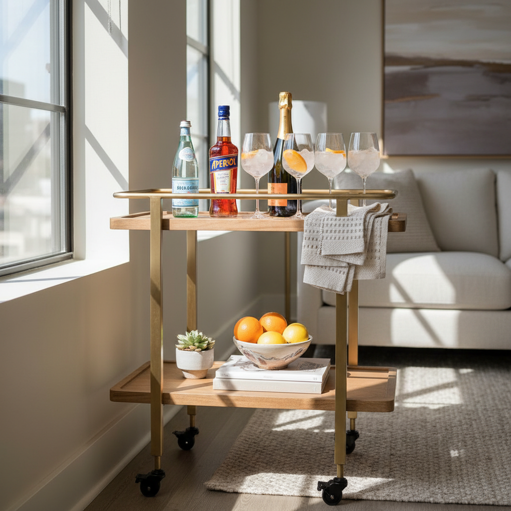 Modern apartment bar cart styled as a spritz station with citrus and glassware