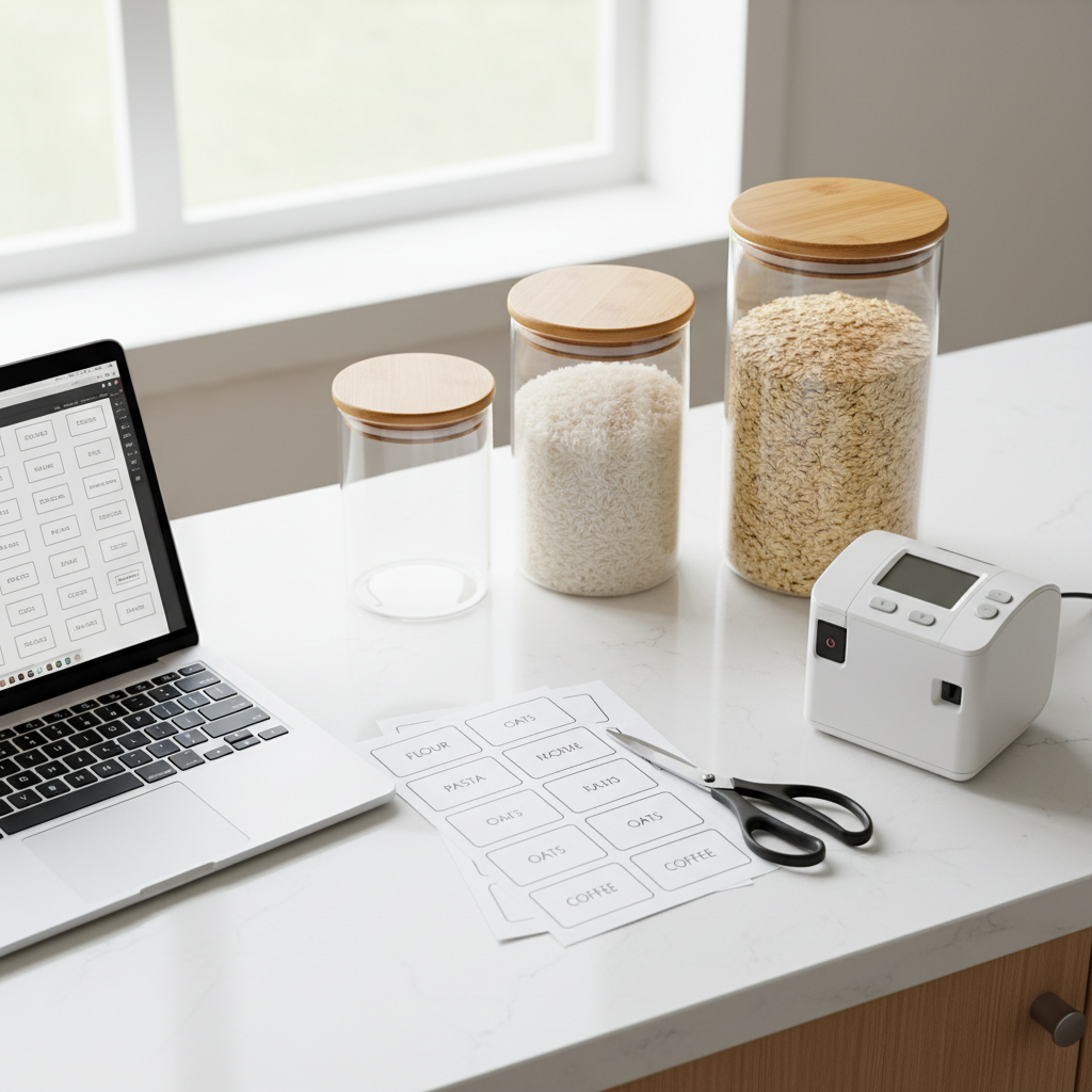 Printable pantry label sheet and label maker on a kitchen counter